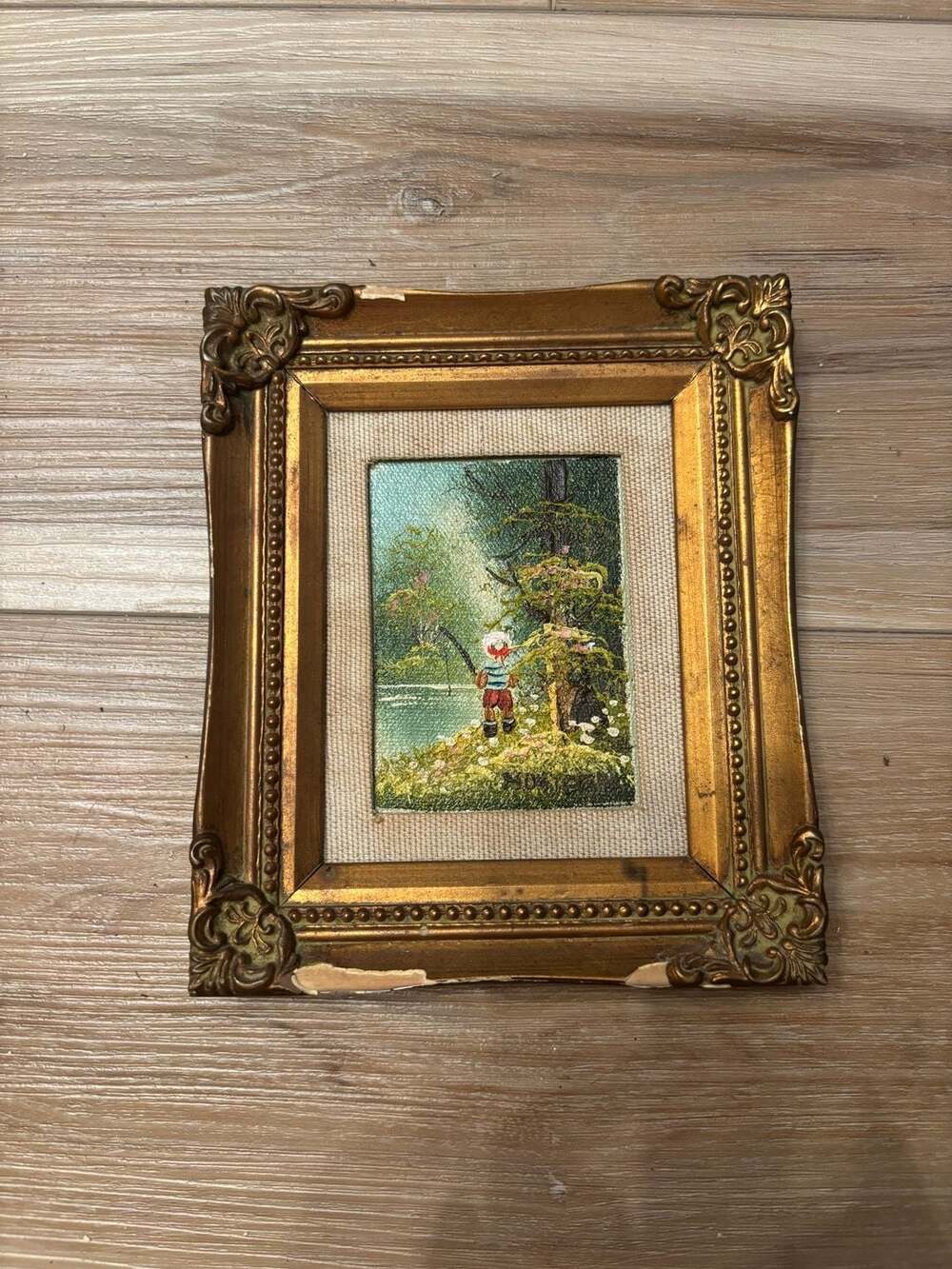 Vintage Framed Small Oil Painting of a Boy Fishing in a Landscape Signed